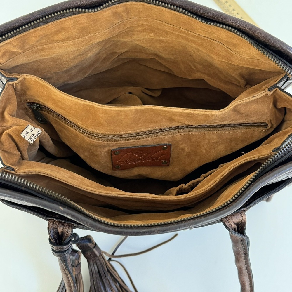PATRICIA NASH Paris Tooled Leather Tassel Studded Satchel Bag Brown Boho Artisan - Picture 13 of 16
